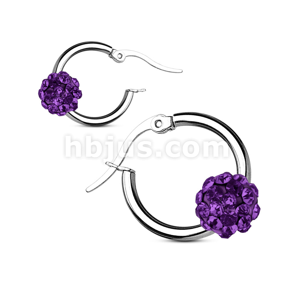 Pair of Colored Crystal Ball 316L Surgical Steel Hoop Earring - Image 8