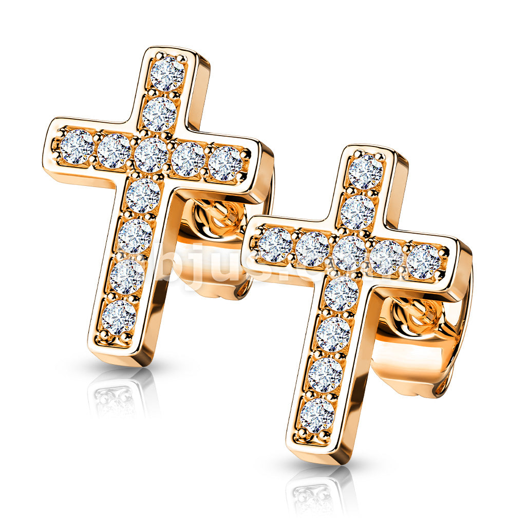 316L Surgical Steel Pair of CZ Paved Cros Stainless Steel Stud Earrings - Image 4