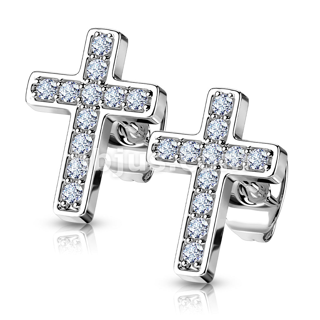 316L Surgical Steel Pair of CZ Paved Cros Stainless Steel Stud Earrings - Image 5