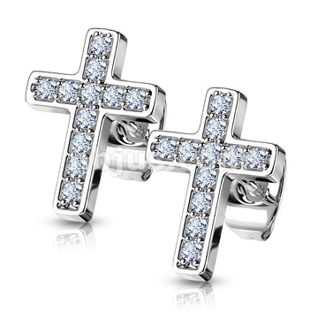 316L Surgical Steel Pair of CZ Paved Cros Stainless Steel Stud Earrings - Image 5