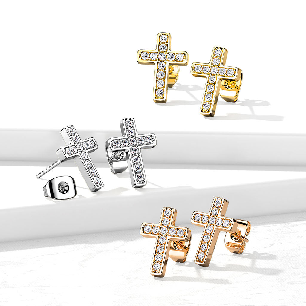 316L Surgical Steel Pair of CZ Paved Cros Stainless Steel Stud Earrings