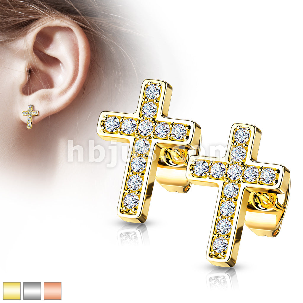 316L Surgical Steel Pair of CZ Paved Cros Stainless Steel Stud Earrings - Image 2
