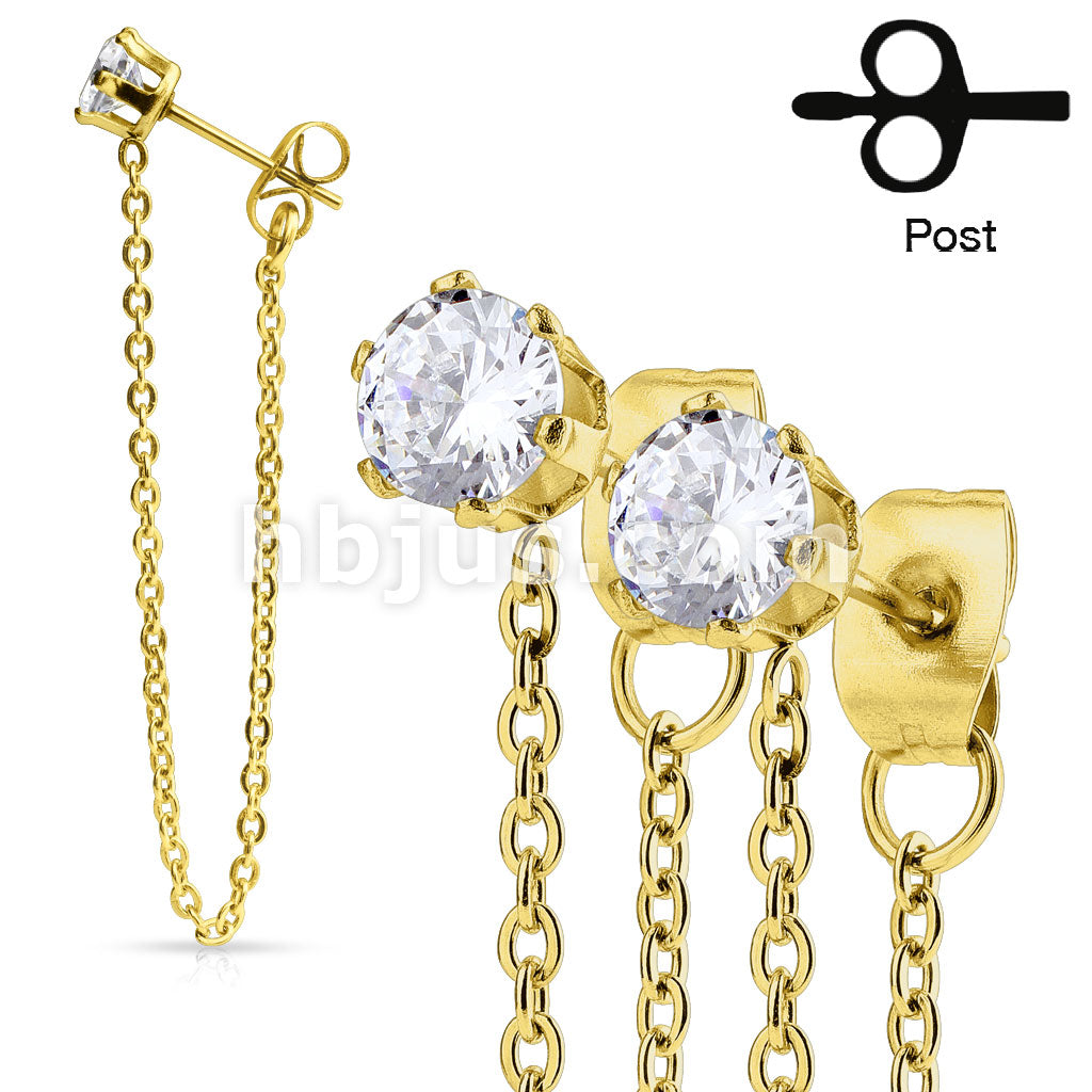 316L Surgical Steel Pair of Chain Drops Prong Set CZ Stainless Steel... - Image 2