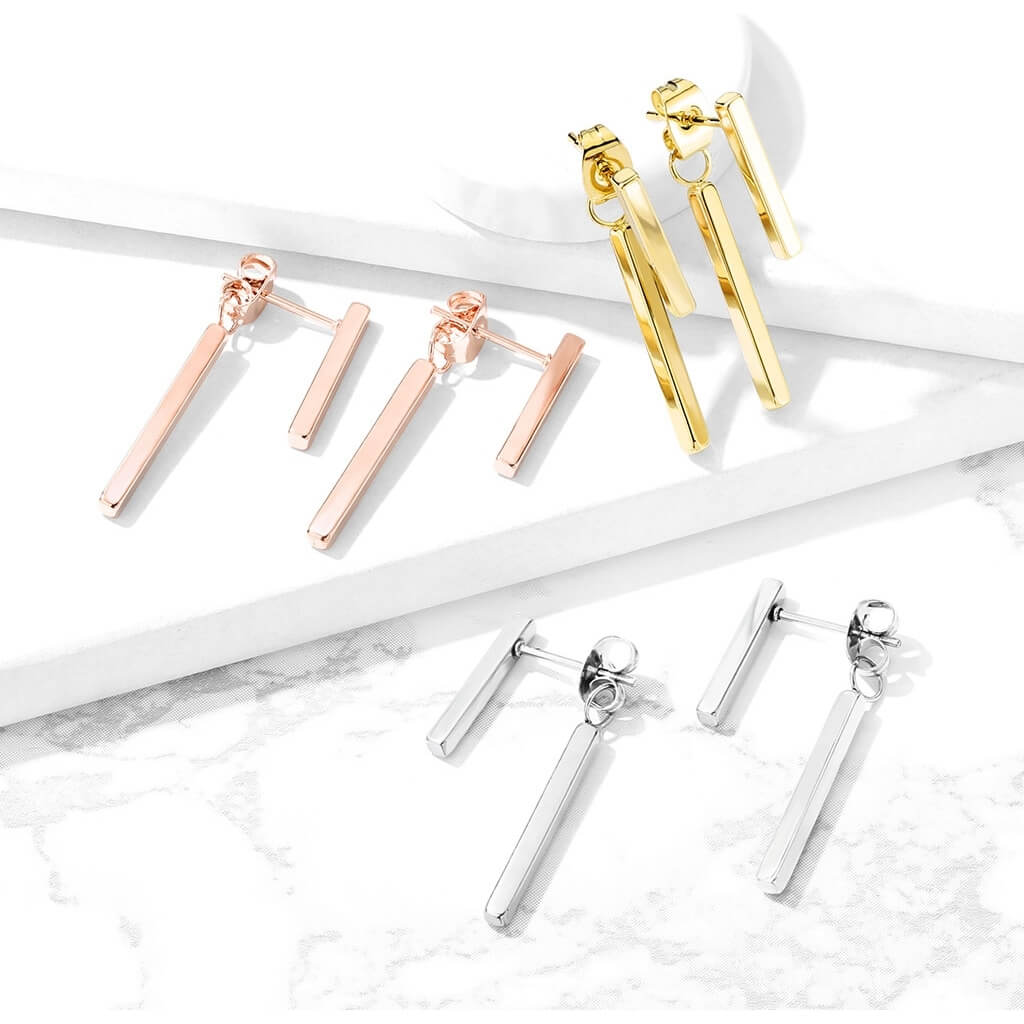 316L Surgical Steel Pair of Long Bar 316L Stainless Steel Stud Earrings...