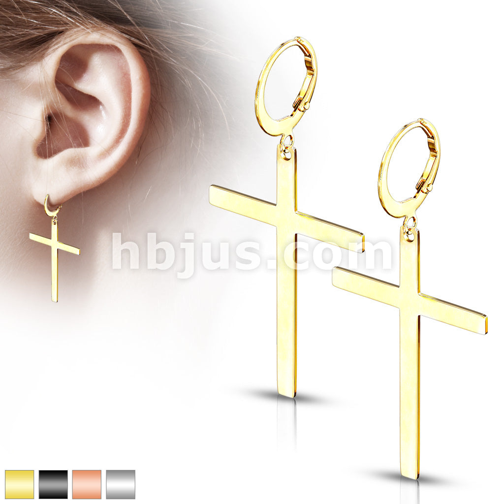 Pair of 316L Stainless Steel Hoop Earrings With Cross Dangle - Image 2
