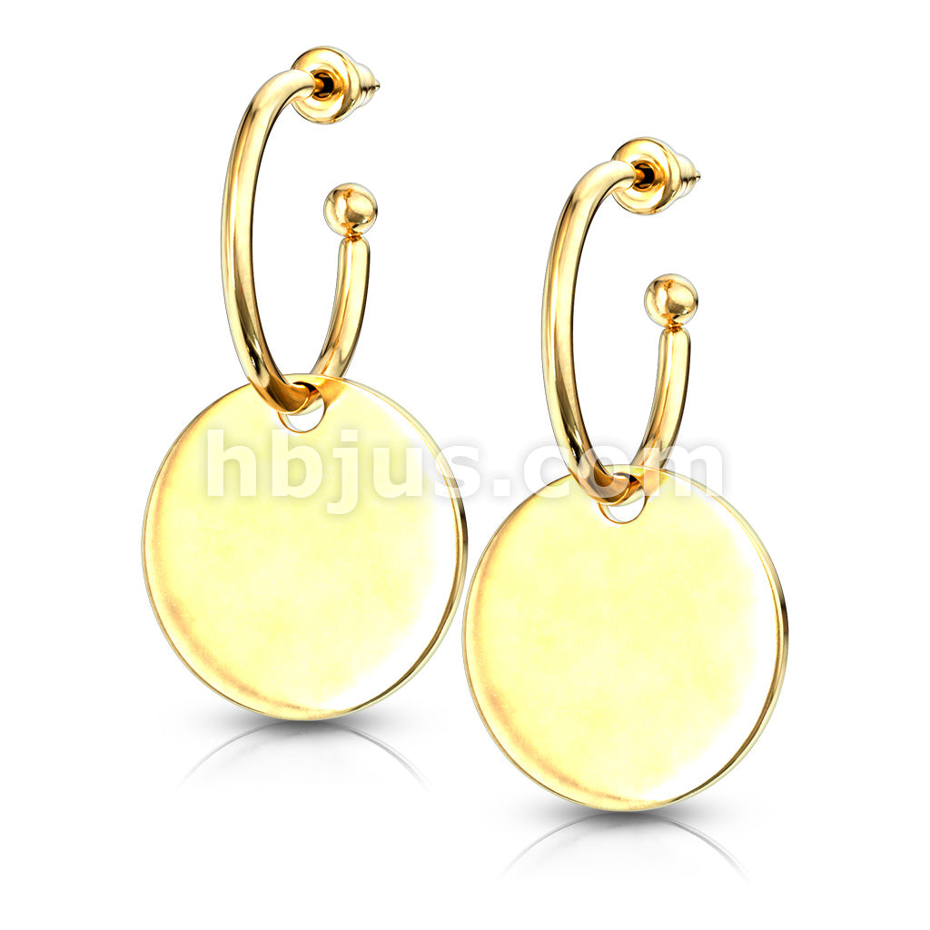 316L Surgical Steel Pair of Hoop Studs with Round Plate Dangle... - Image 3