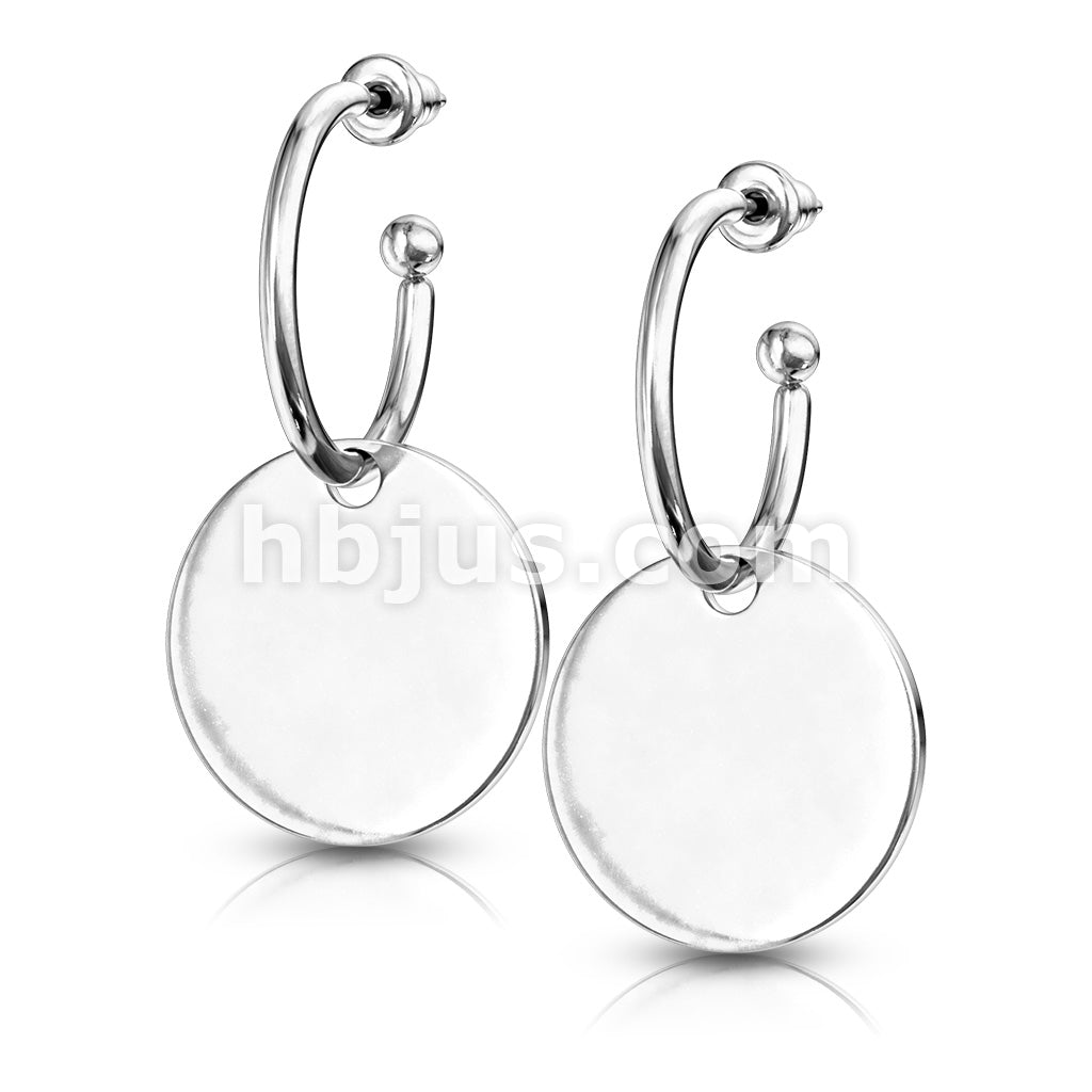 316L Surgical Steel Pair of Hoop Studs with Round Plate Dangle... - Image 5