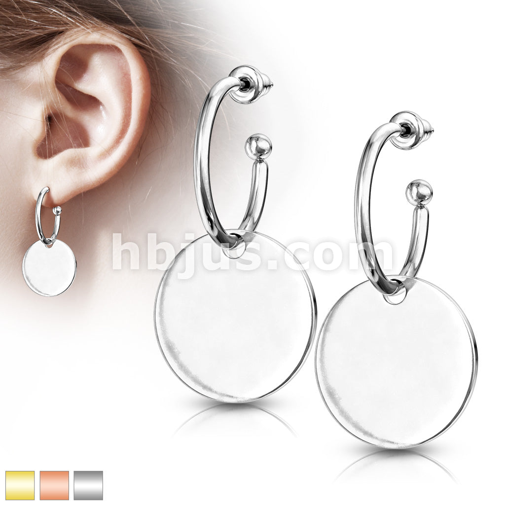 316L Surgical Steel Pair of Hoop Studs with Round Plate Dangle... - Image 2
