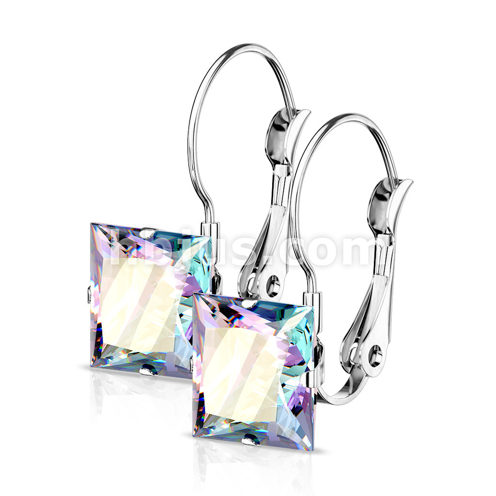 316L Surgical Steel Pair of Square CZ with Lever Back 316L Stainless... - Image 3