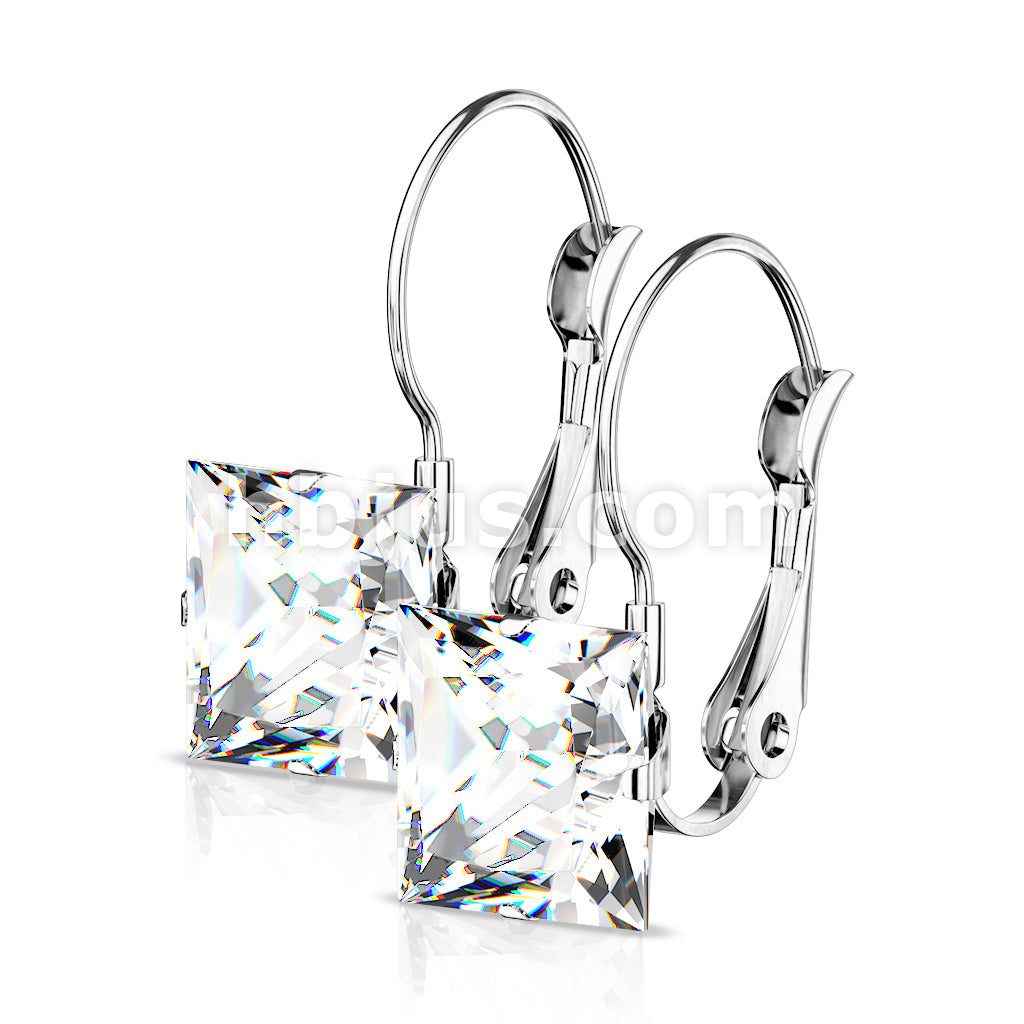 316L Surgical Steel Pair of Square CZ with Lever Back 316L Stainless... - Image 4