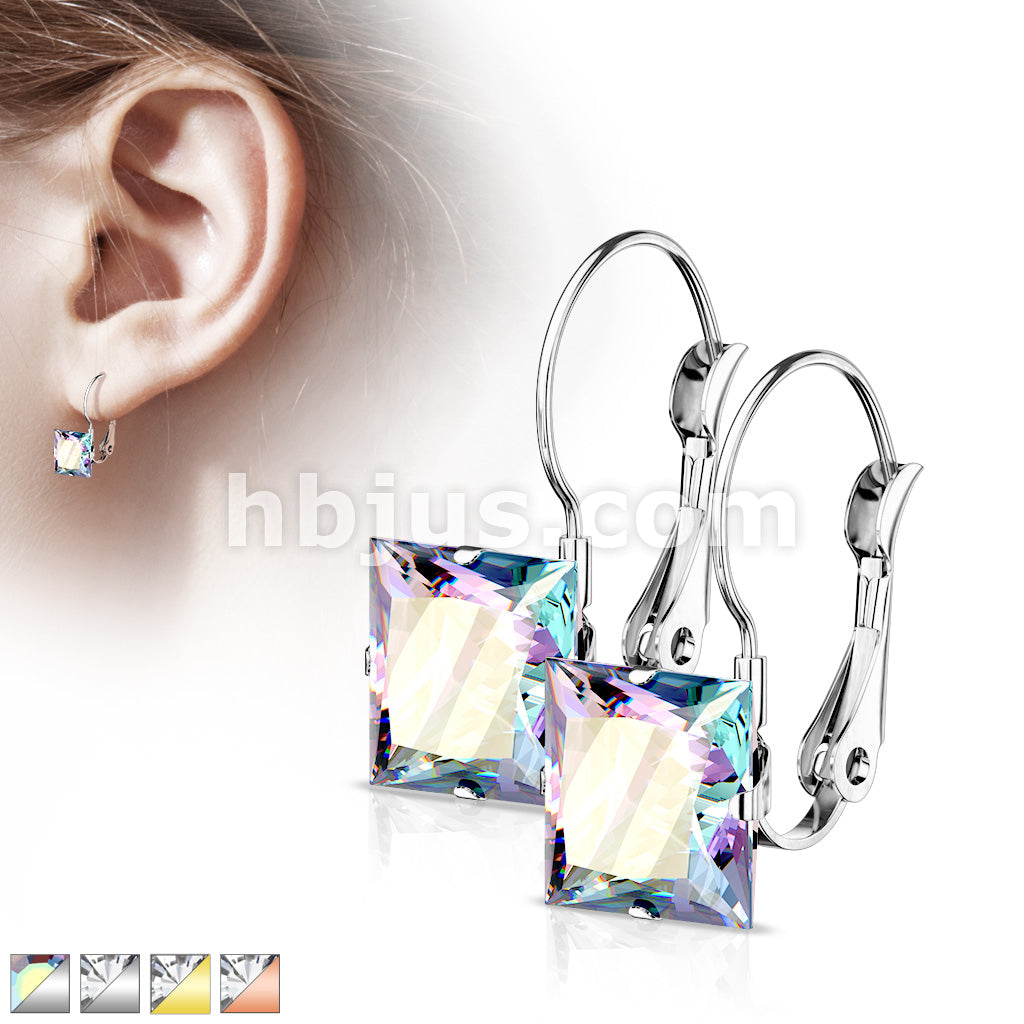 316L Surgical Steel Pair of Square CZ with Lever Back 316L Stainless... - Image 2