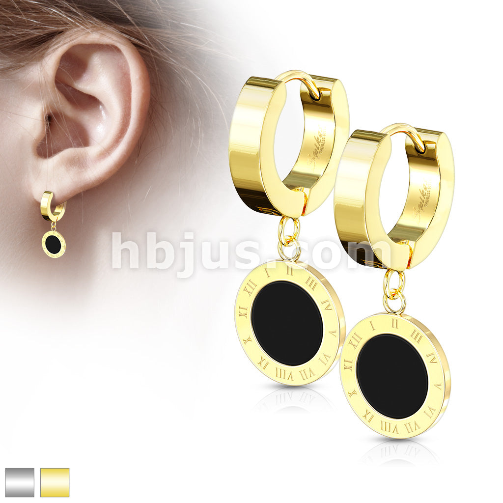 Pair of Stainless Steel Hinged Hoop Earrings with Black Enamel Filled... - Image 2