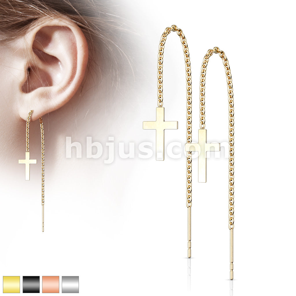 Pair of 316L Stainless Steel Earrings Chain Linked Cross and Post. - Image 2