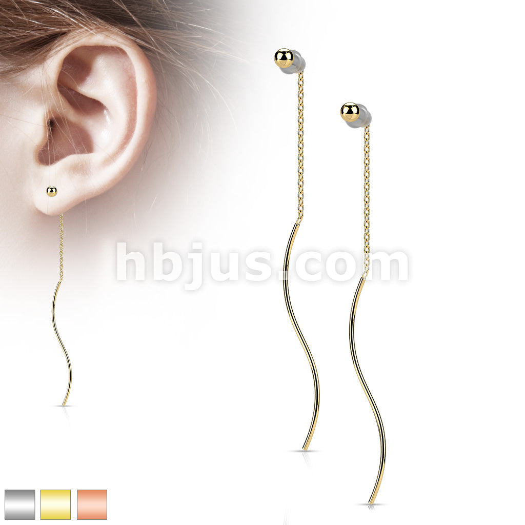 Pair of 316L Surgical Steel Ball Threader Earrings With Wave Dangle - Image 2