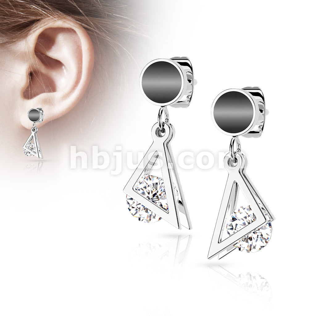 Pair of 316L Surgical Steel Stud Earrings Black Enamel Filled Circle With Dangling Triangle and Enclosed CZ - Image 4