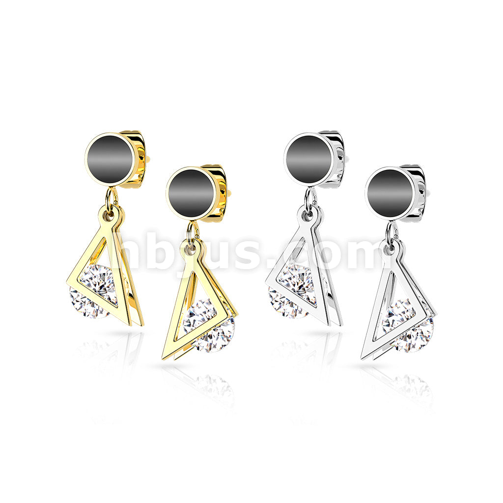 Pair of 316L Surgical Steel Stud Earrings Black Enamel Filled Circle With Dangling Triangle and Enclosed CZ - Image 6