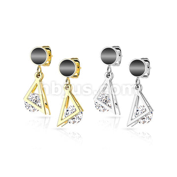 Pair of 316L Surgical Steel Stud Earrings Black Enamel Filled Circle With Dangling Triangle and Enclosed CZ - Image 6