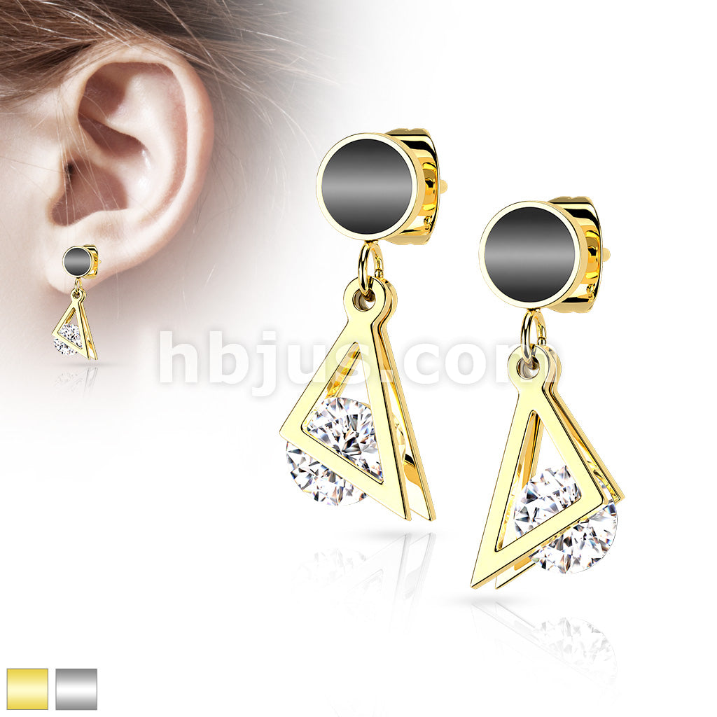 Pair of 316L Surgical Steel Stud Earrings Black Enamel Filled Circle With Dangling Triangle and Enclosed CZ - Image 2