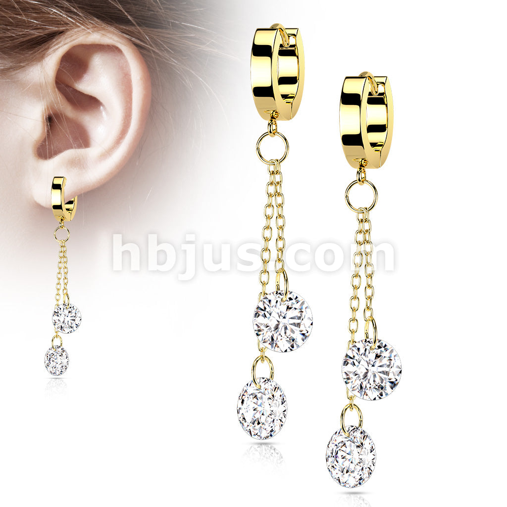 Pair of 316L Surgical Steel Hoops with Double Dangling CZ on Chain - Image 3