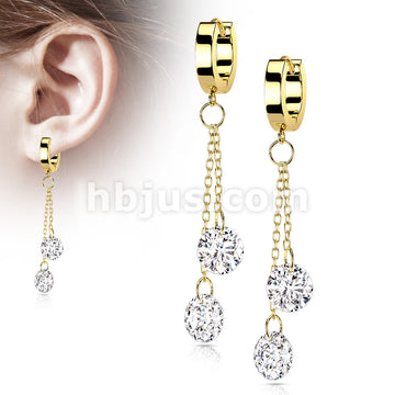 Pair of 316L Surgical Steel Hoops with Double Dangling CZ on Chain - Image 3