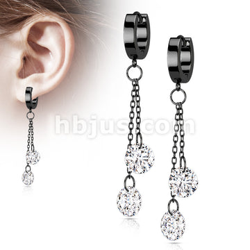 Pair of 316L Surgical Steel Hoops with Double Dangling CZ on Chain - Image 4