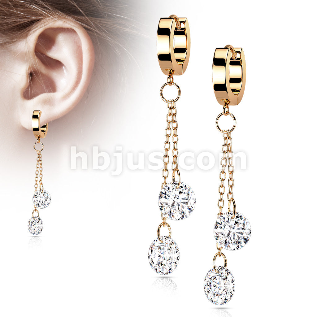 Pair of 316L Surgical Steel Hoops with Double Dangling CZ on Chain - Image 5