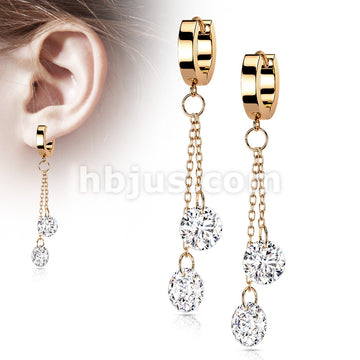 Pair of 316L Surgical Steel Hoops with Double Dangling CZ on Chain - Image 5