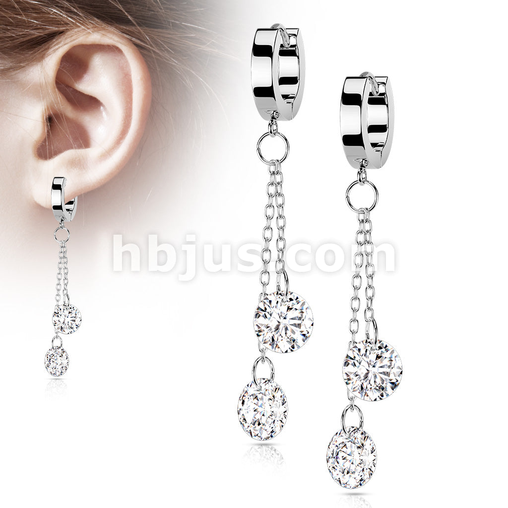 Pair of 316L Surgical Steel Hoops with Double Dangling CZ on Chain - Image 6