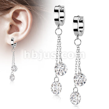 Pair of 316L Surgical Steel Hoops with Double Dangling CZ on Chain - Image 6