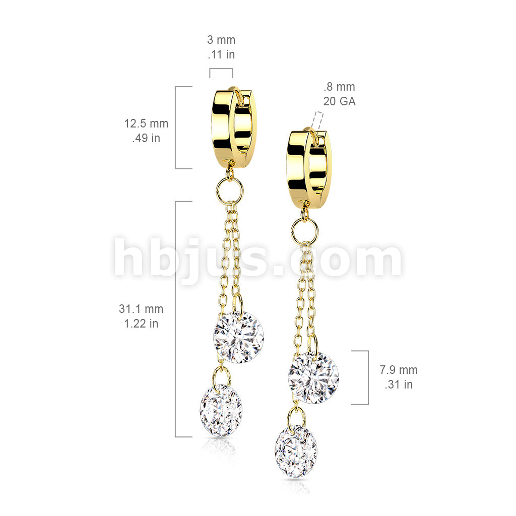 Pair of 316L Surgical Steel Hoops with Double Dangling CZ on Chain - Image 7