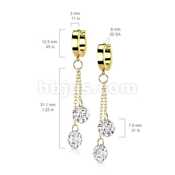 Pair of 316L Surgical Steel Hoops with Double Dangling CZ on Chain - Image 7