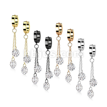 Pair of 316L Surgical Steel Hoops with Double Dangling CZ on Chain - Image 8