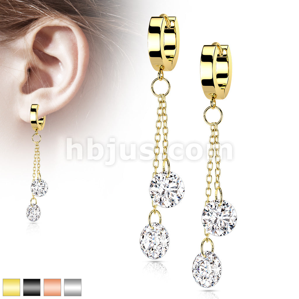 Pair of 316L Surgical Steel Hoops with Double Dangling CZ on Chain - Image 2