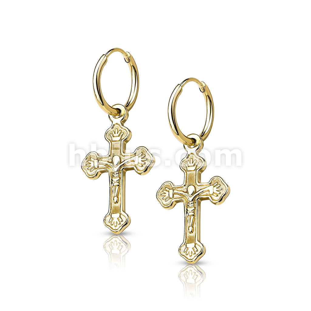 Pair of 316L Surgical Steel Hoop Earrings with Cross Dangle - Image 3