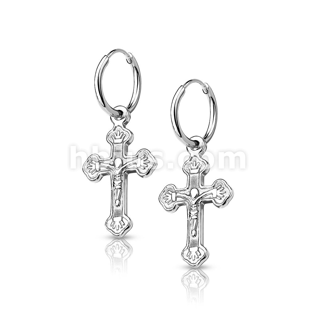 Pair of 316L Surgical Steel Hoop Earrings with Cross Dangle - Image 4