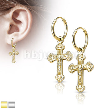 Pair of 316L Surgical Steel Hoop Earrings with Cross Dangle - Image 2