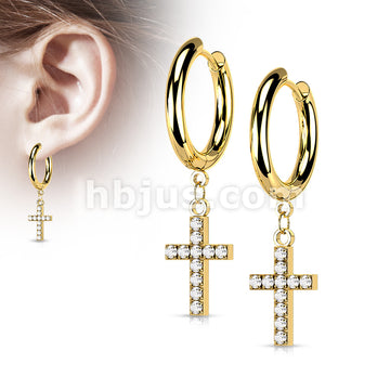 Pair of 316L Surgical Steel Hoop Earrings with CZ Paved Cross Dangle - Image 3