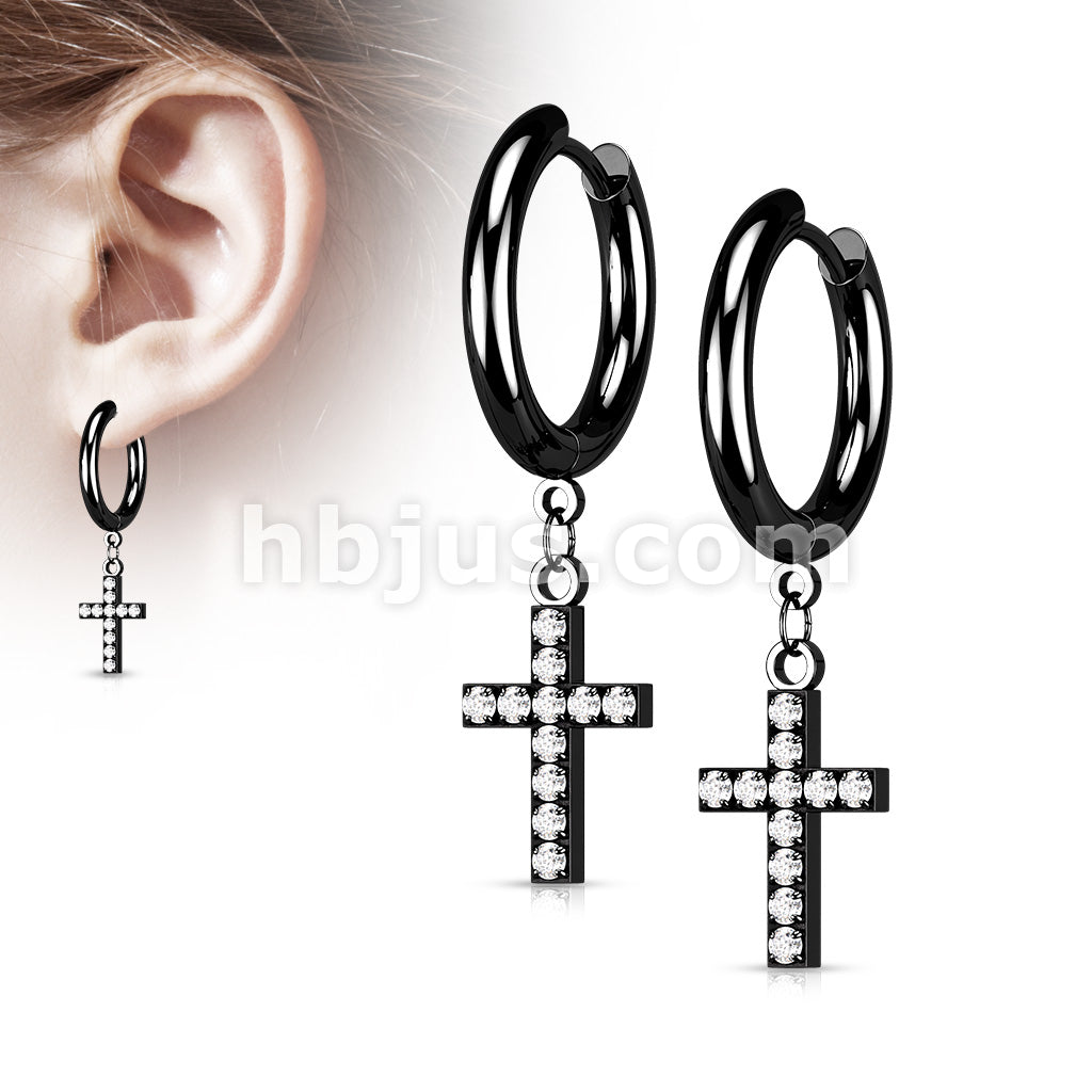 Pair of 316L Surgical Steel Hoop Earrings with CZ Paved Cross Dangle - Image 4