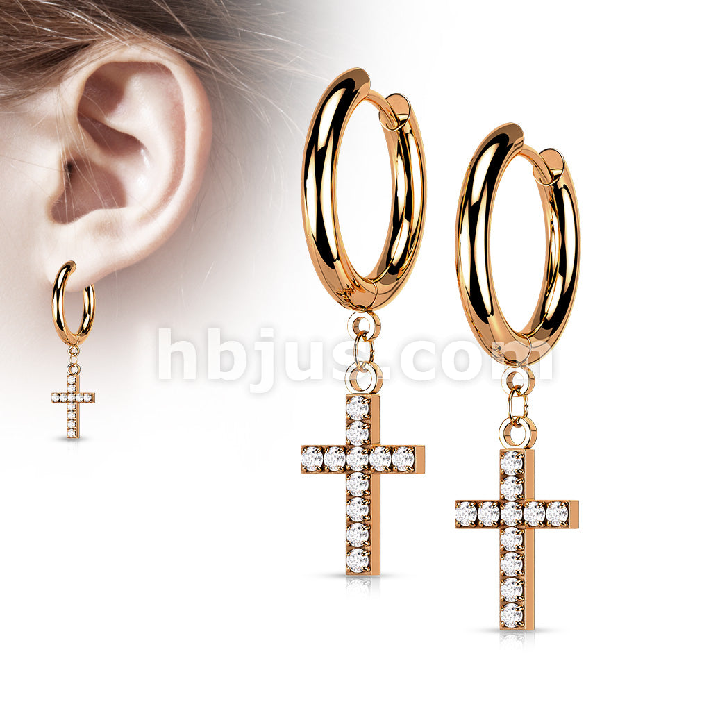 Pair of 316L Surgical Steel Hoop Earrings with CZ Paved Cross Dangle - Image 5