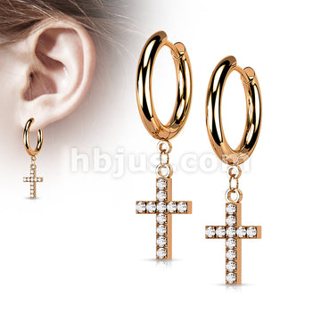 Pair of 316L Surgical Steel Hoop Earrings with CZ Paved Cross Dangle - Image 5