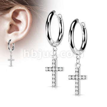 Pair of 316L Surgical Steel Hoop Earrings with CZ Paved Cross Dangle - Image 6
