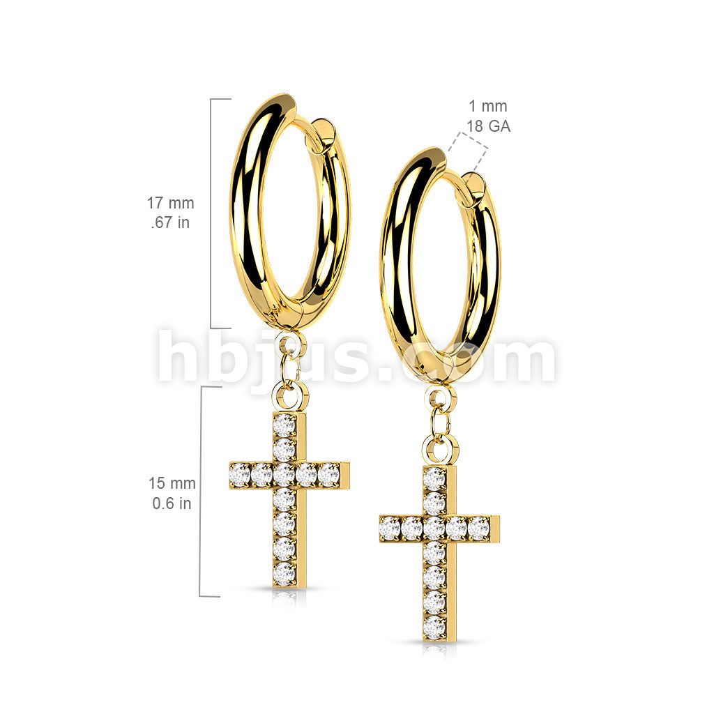 Pair of 316L Surgical Steel Hoop Earrings with CZ Paved Cross Dangle - Image 7
