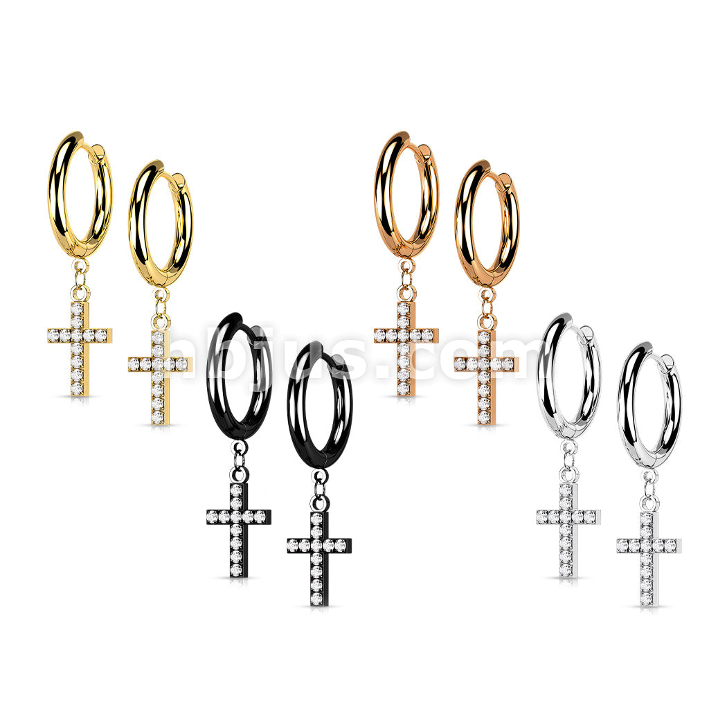 Pair of 316L Surgical Steel Hoop Earrings with CZ Paved Cross Dangle - Image 8
