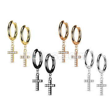 Pair of 316L Surgical Steel Hoop Earrings with CZ Paved Cross Dangle - Image 8
