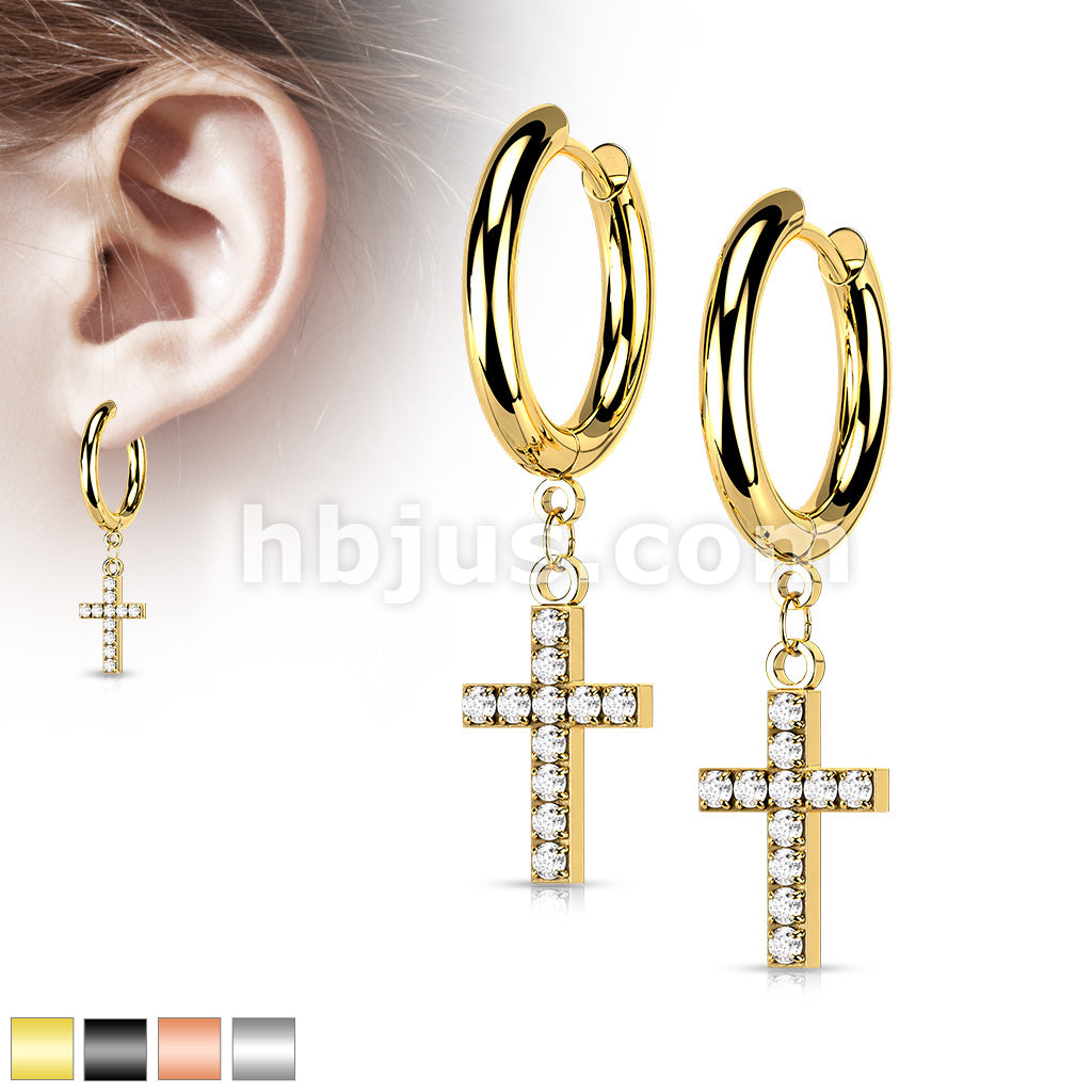 Pair of 316L Surgical Steel Hoop Earrings with CZ Paved Cross Dangle - Image 2