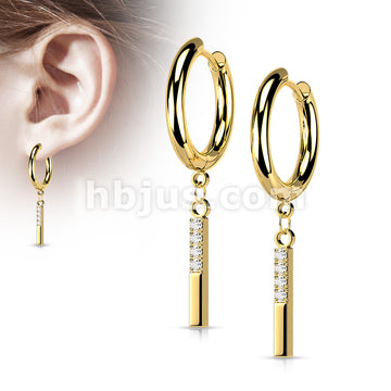 Pair of 316L Surgical Steel Hoop Earrings with CZ Paved Rectangle Dangle - Image 3