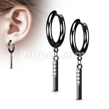 Pair of 316L Surgical Steel Hoop Earrings with CZ Paved Rectangle Dangle - Image 4