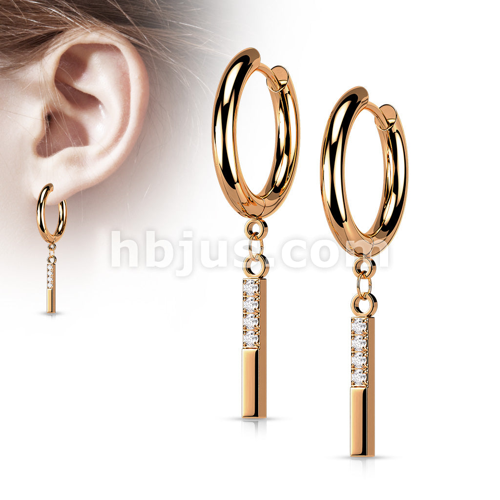 Pair of 316L Surgical Steel Hoop Earrings with CZ Paved Rectangle Dangle - Image 5