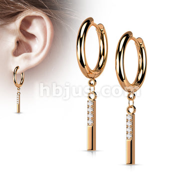 Pair of 316L Surgical Steel Hoop Earrings with CZ Paved Rectangle Dangle - Image 5