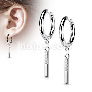 Pair of 316L Surgical Steel Hoop Earrings with CZ Paved Rectangle Dangle - Image 6